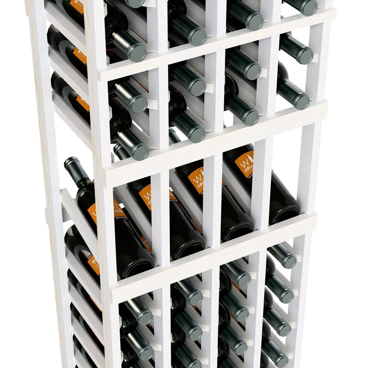 White wine bottle rack close-up, 4-column grid with bottles and silver bottle caps
