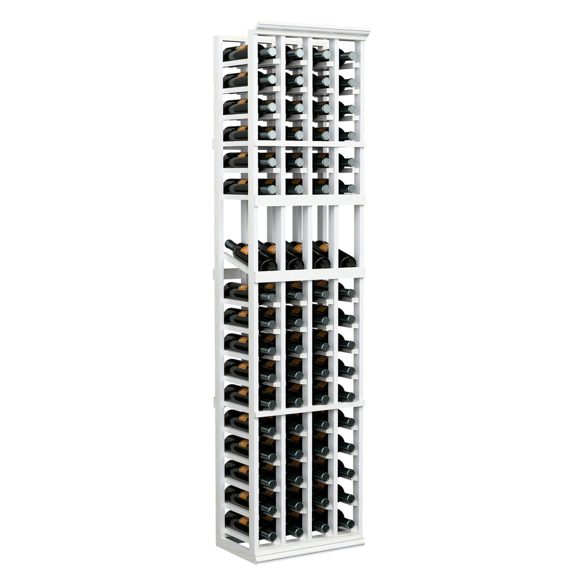White 4-column wine bottle display rack with cubby shelves for organized bottle storage