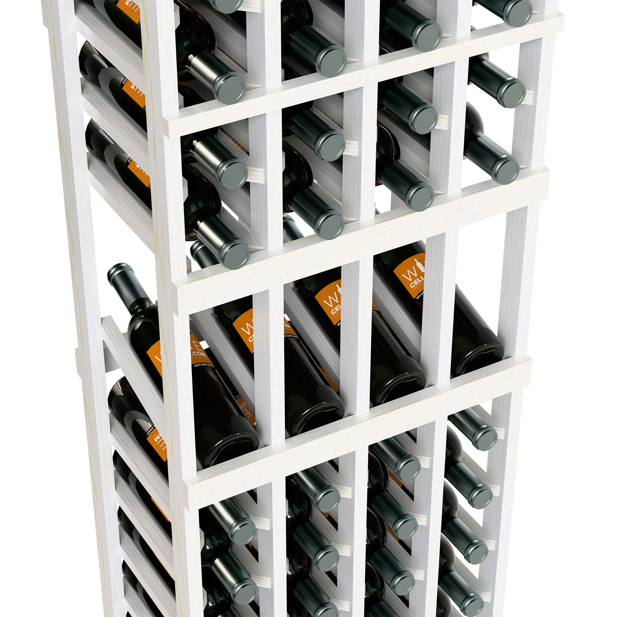 White wine bottle rack close-up, 4-column grid with bottle rows and metal caps visible
