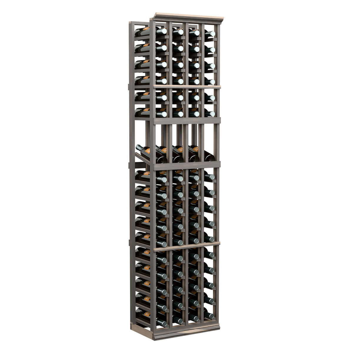 Tall four-column wine display rack with dark wood frame and open bottle slots