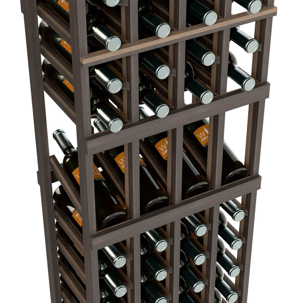 Close-up of a four-column wine rack showing dark wood dividers and bottle necks