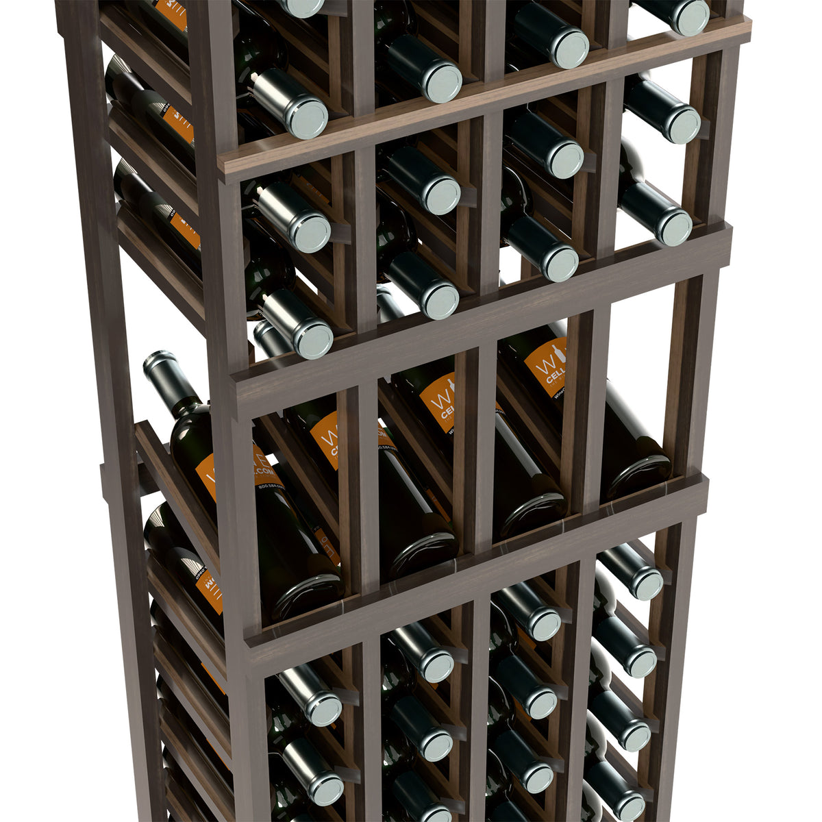 Four-column wine rack detail with dark wood rails and rows of wine bottles