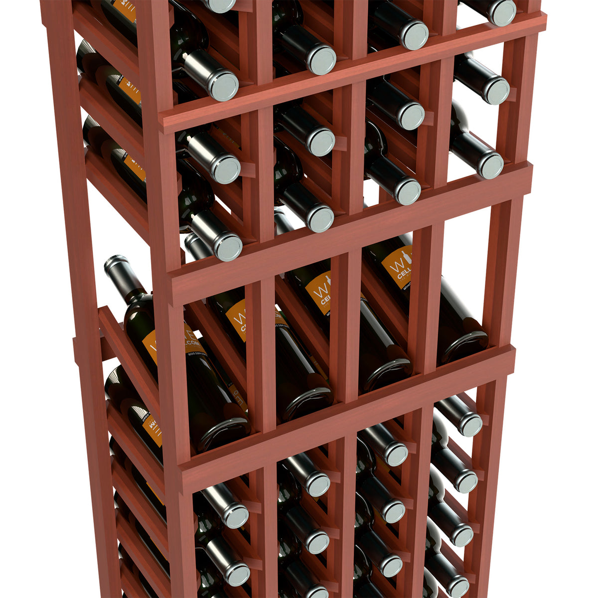 Close-up of a four-column wine rack with reddish dividers and visible bottle tops