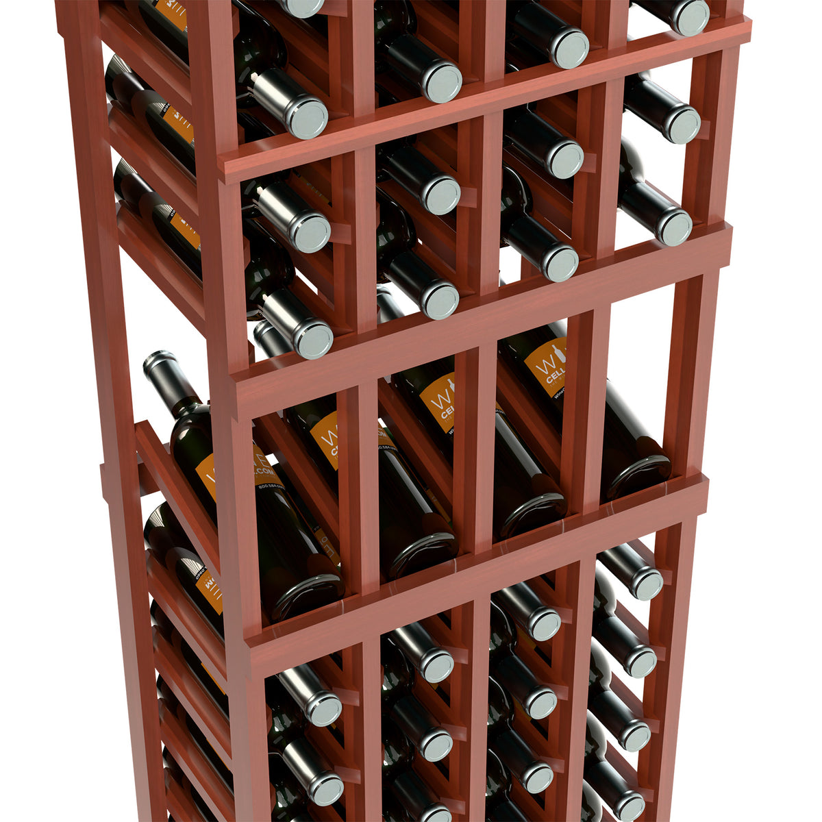 Four-column wine rack detail showing reddish wood supports and bottle necks