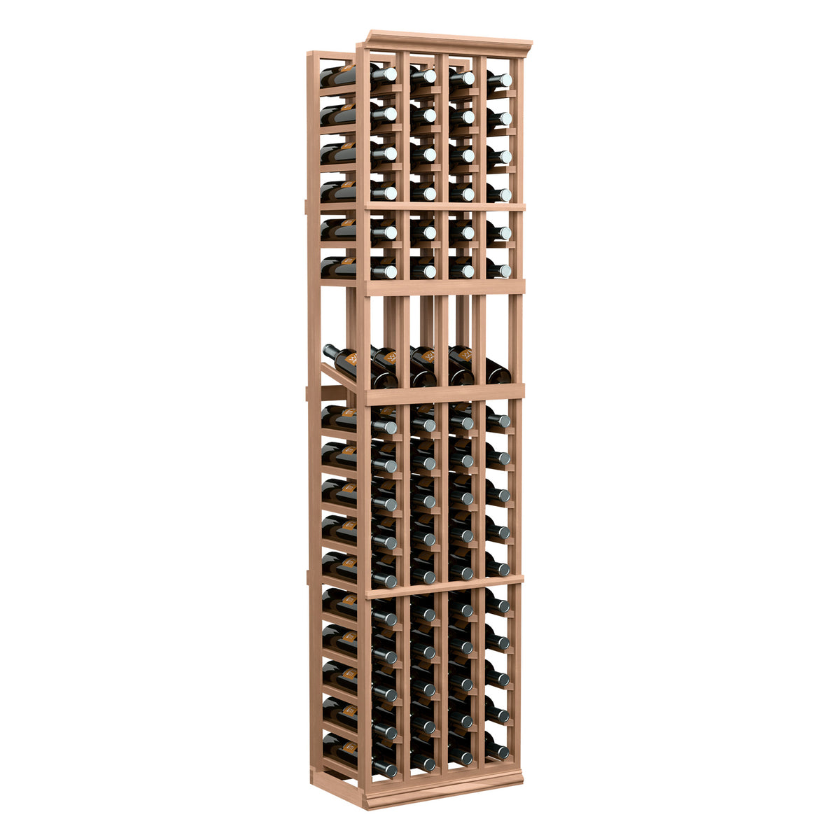 Tall four-column wine display rack with light wood frame and open bottle slots