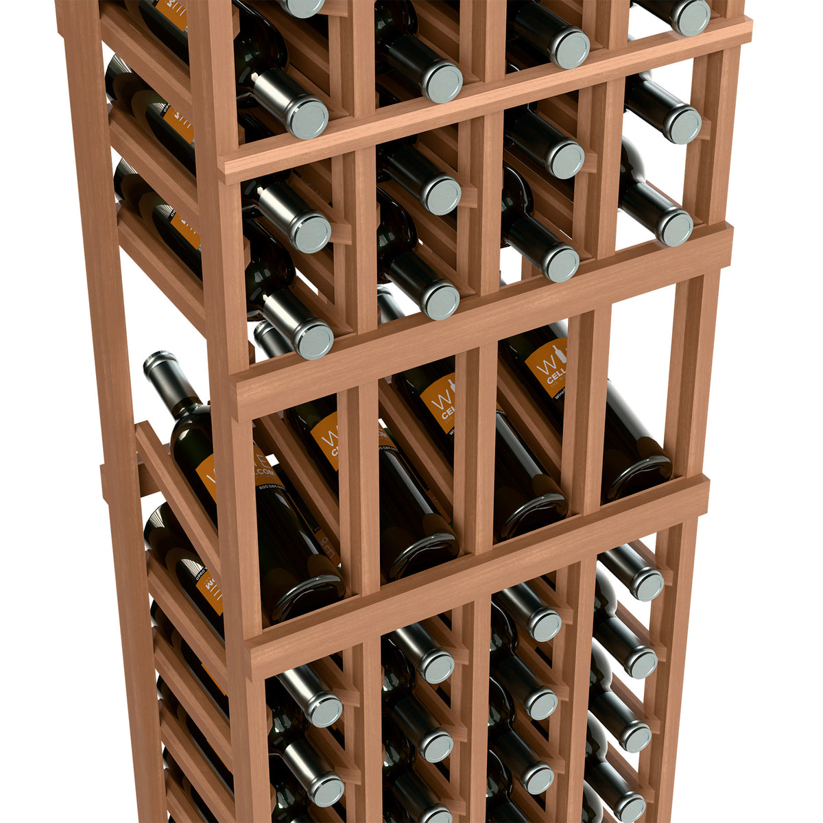 Close-up of a four-column wine rack with light wood dividers and bottle rows