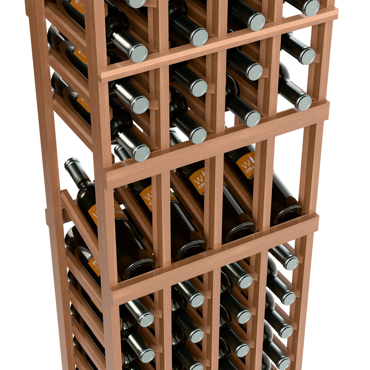 Natural wood wine rack close-up with crossbars and bottle slots in 4 columns