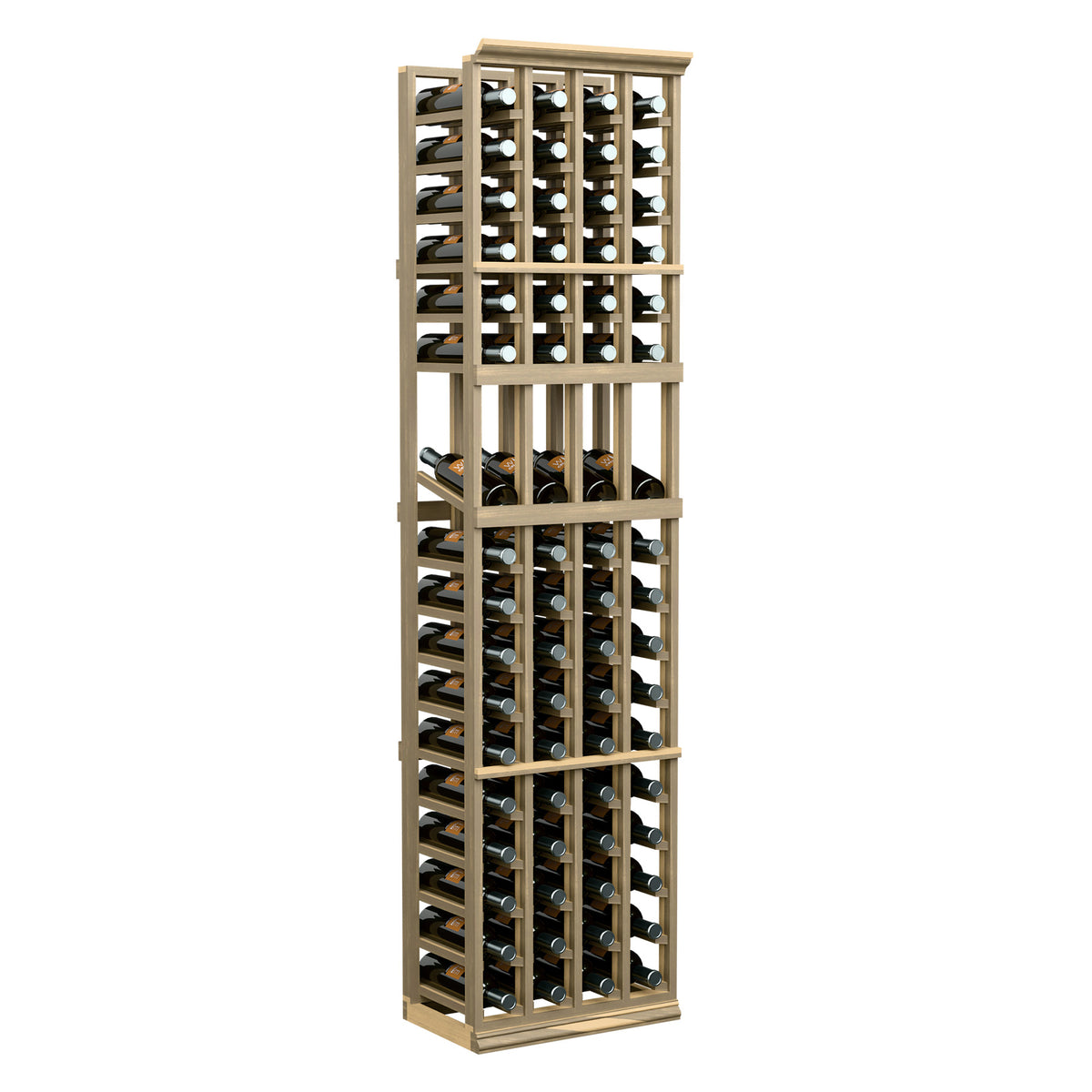 Wood 4-column wine display rack, full height 6ft with bottle compartments