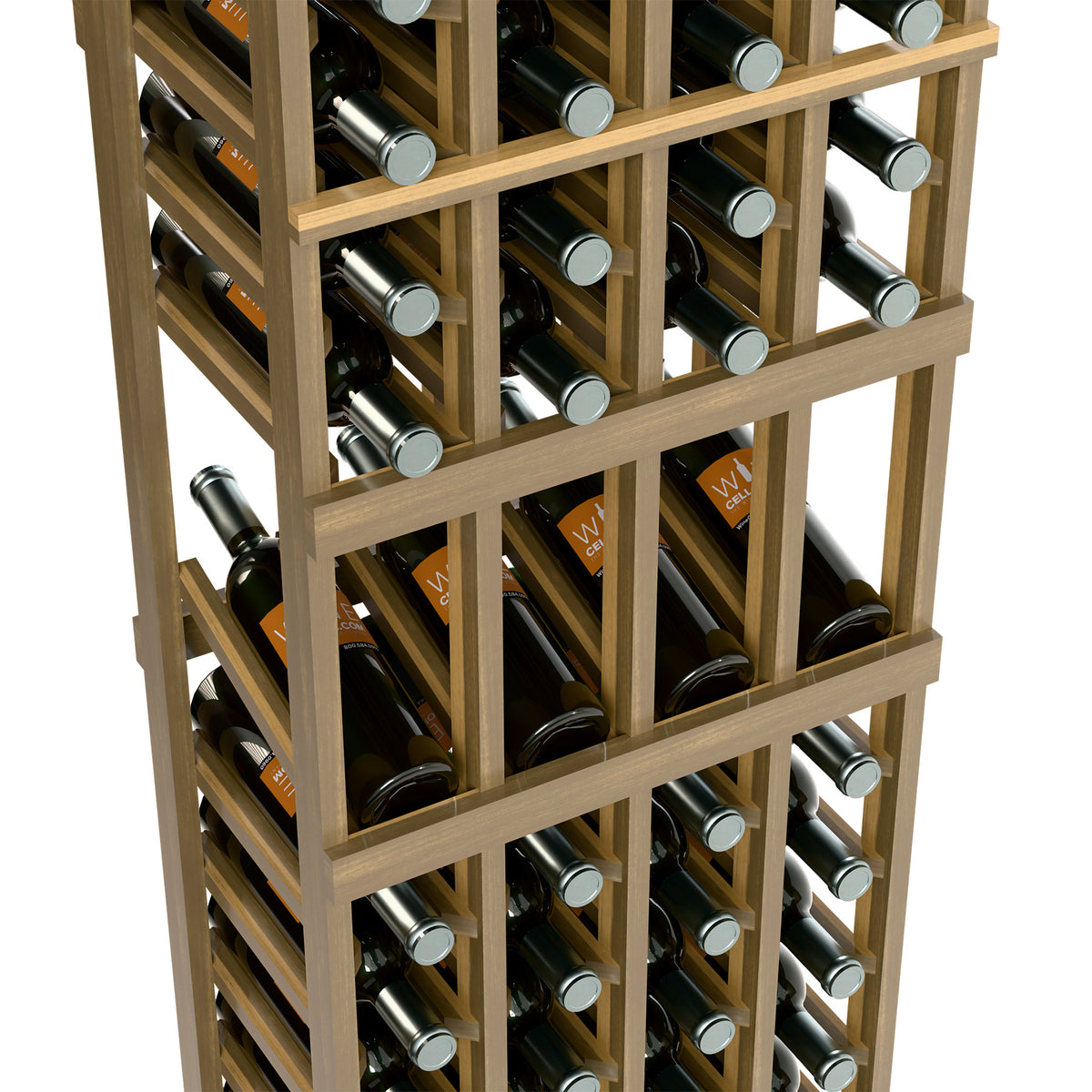 Natural wood wine rack close-up with bottle rows and side supports in 4 columns