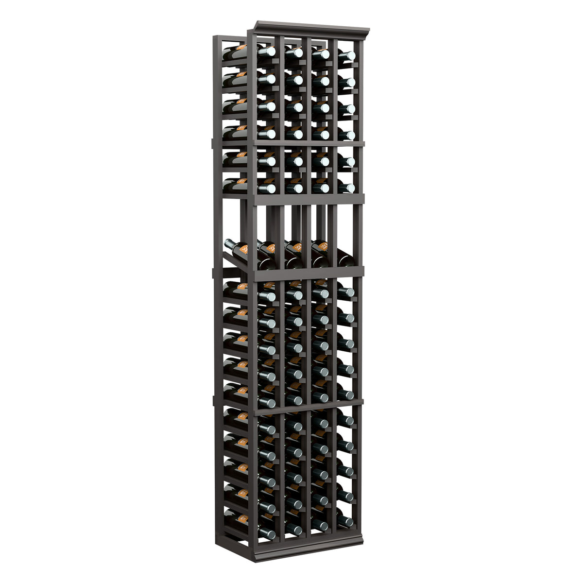 Dark wood 4-column wine display rack, tall 6ft with open slots for bottles