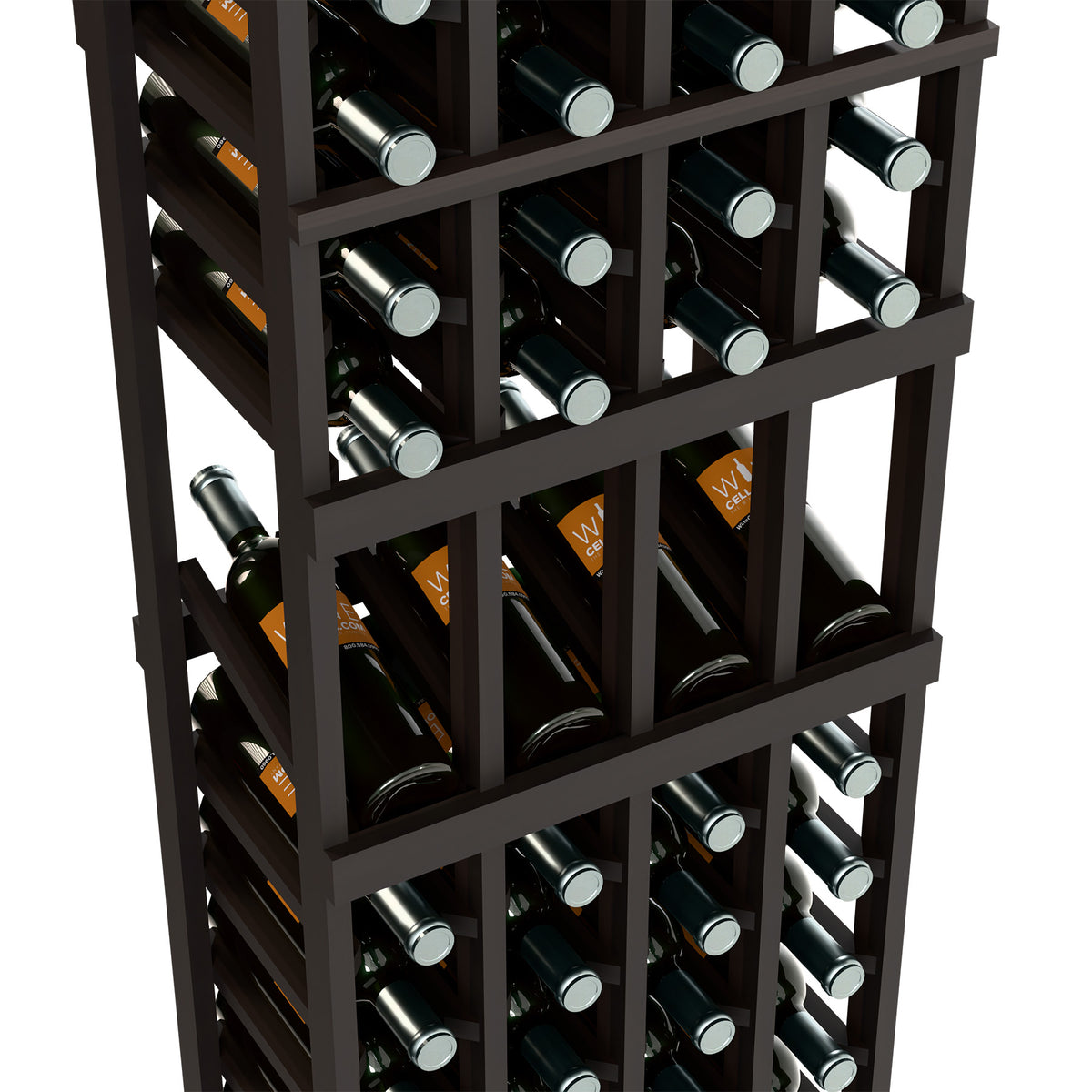Dark wood wine rack close-up with crossbars and bottle slots in 4 columns