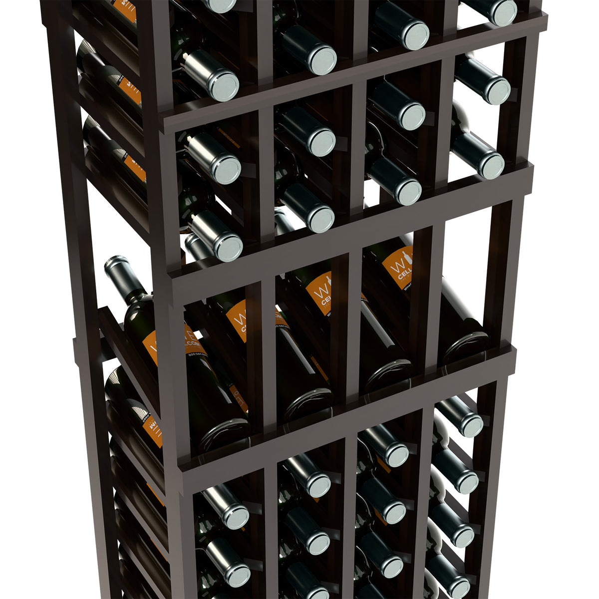 Dark wood wine rack close-up showing bottle rows in a 4-column grid
