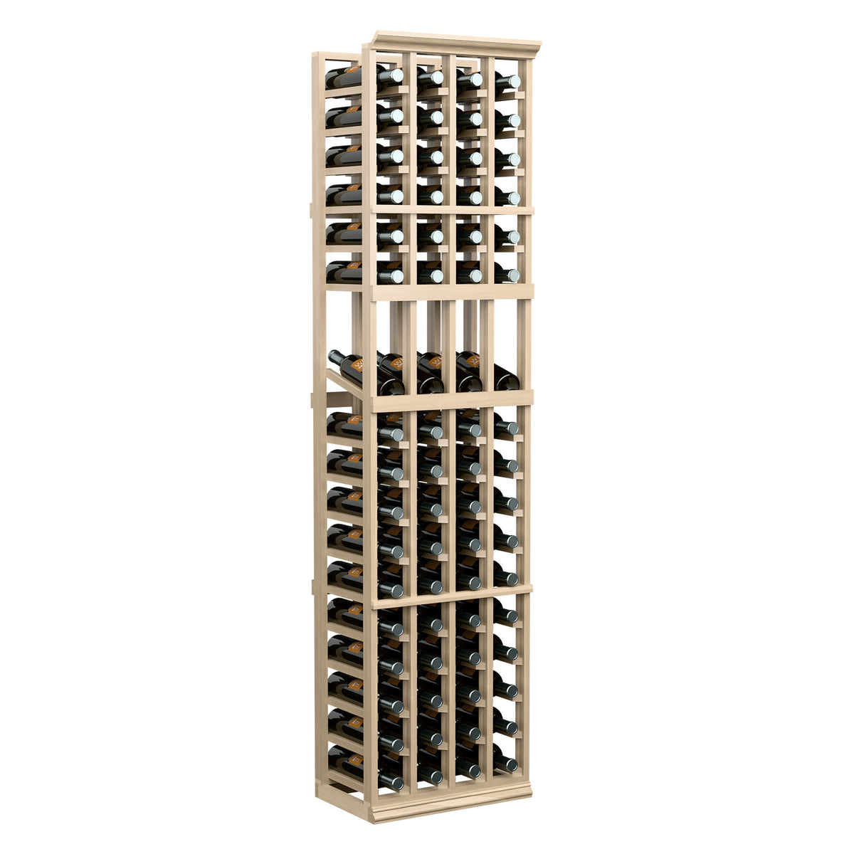 Tall 4-column wood wine bottle display rack with empty angled bottle slots.