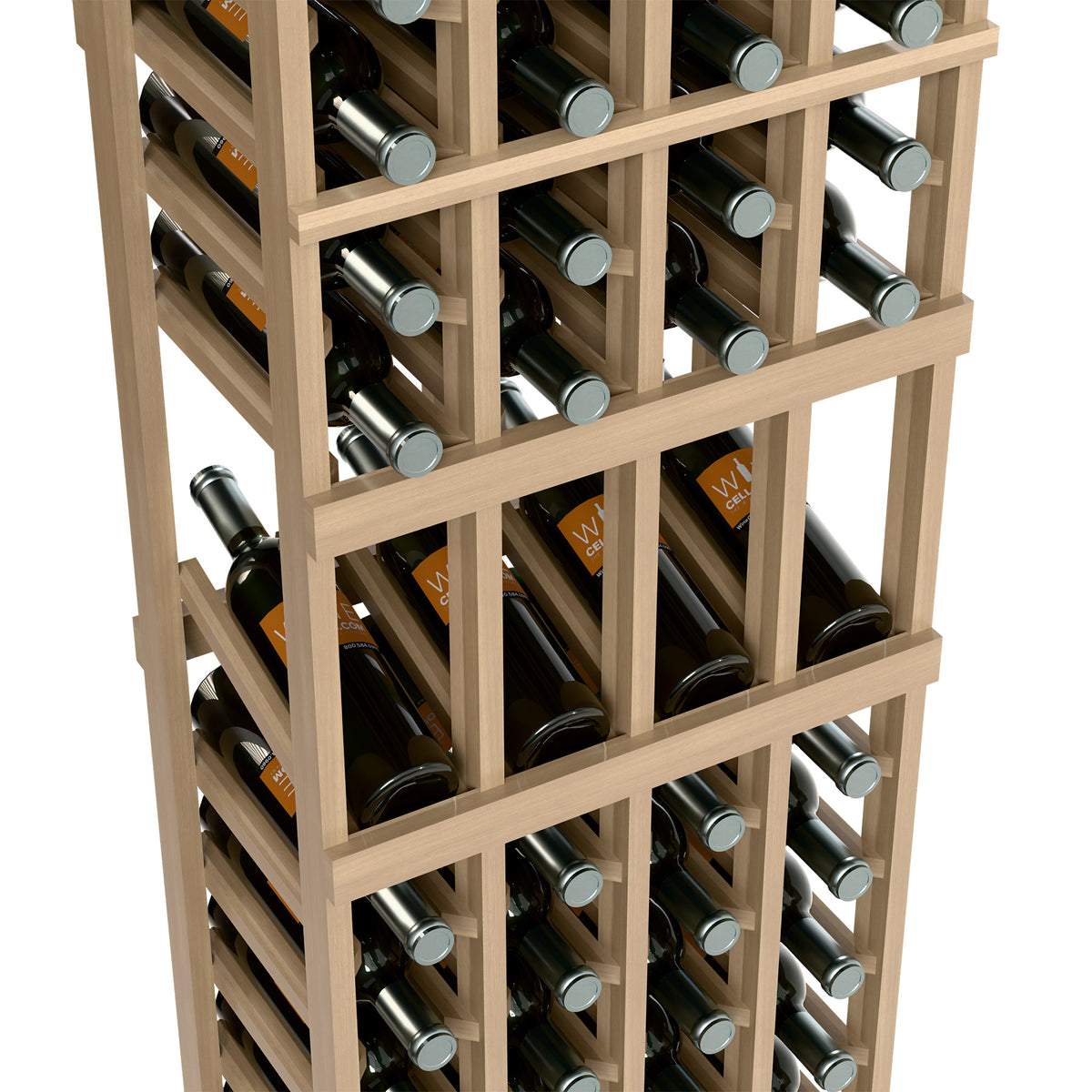 Angled wine bottle slots in a 4-column wood display rack, side view close-up.