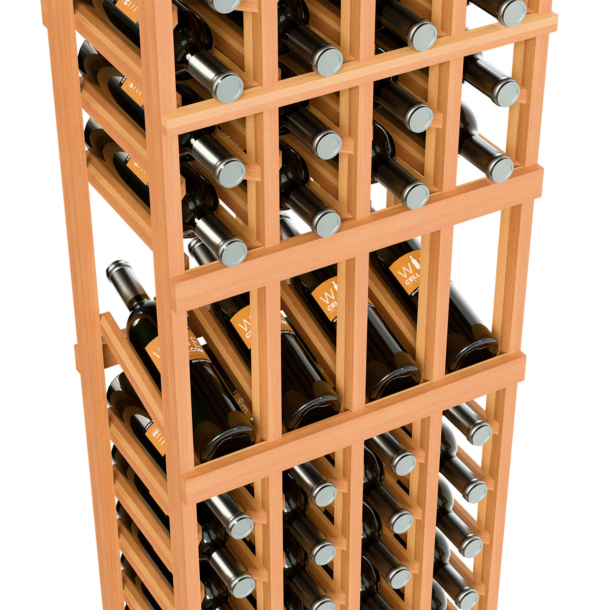 Close-up of 4-column wood wine rack showing bottles in angled compartments.