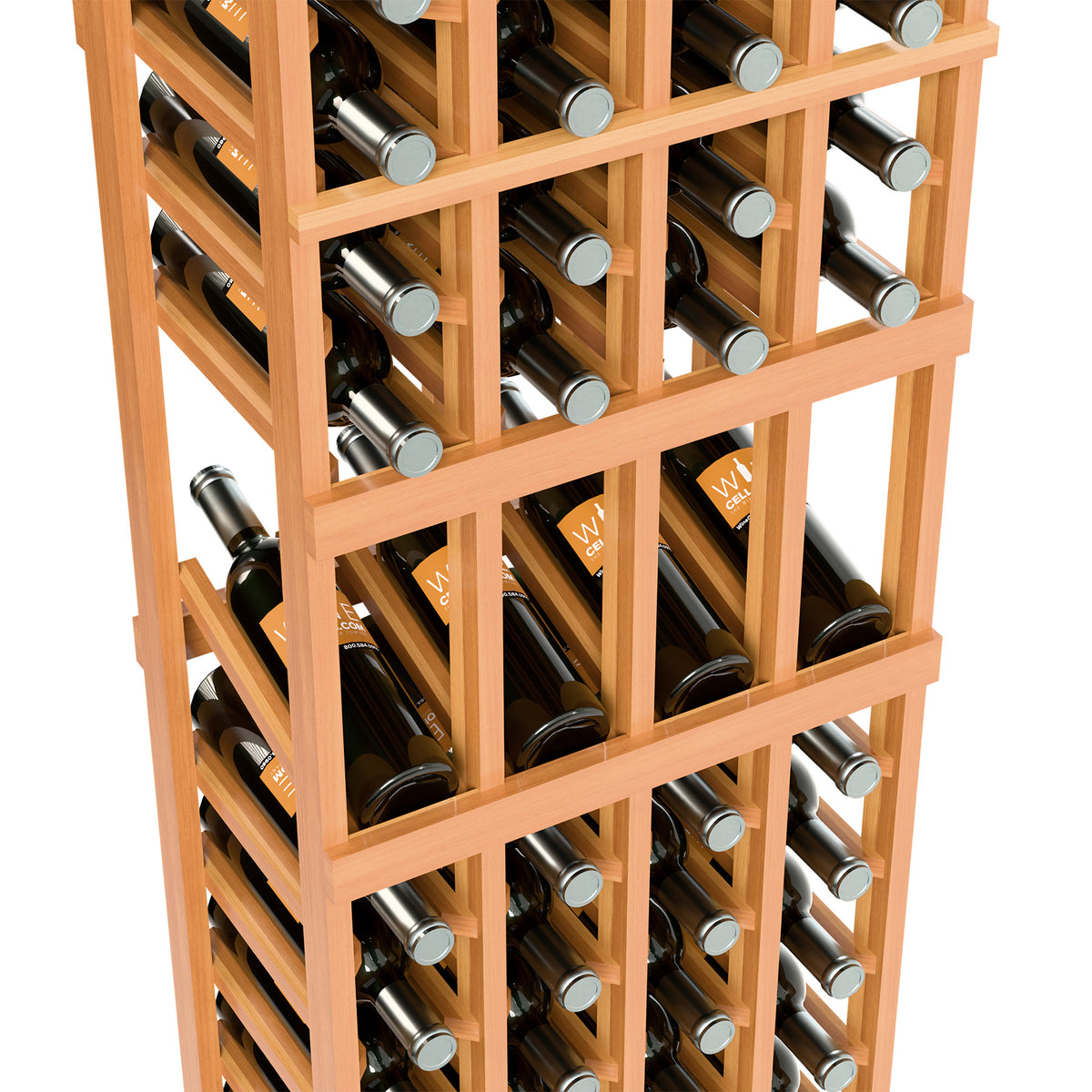 Angled wine bottle compartments in a 4-column wood display rack, close-up.