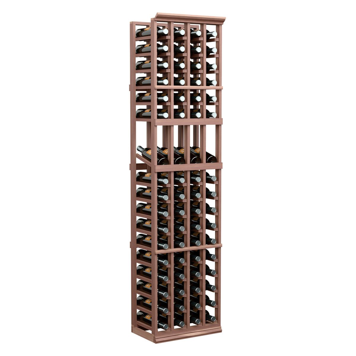 Wood wine bottle display rack with 4 columns and stacked angled bottle slots.