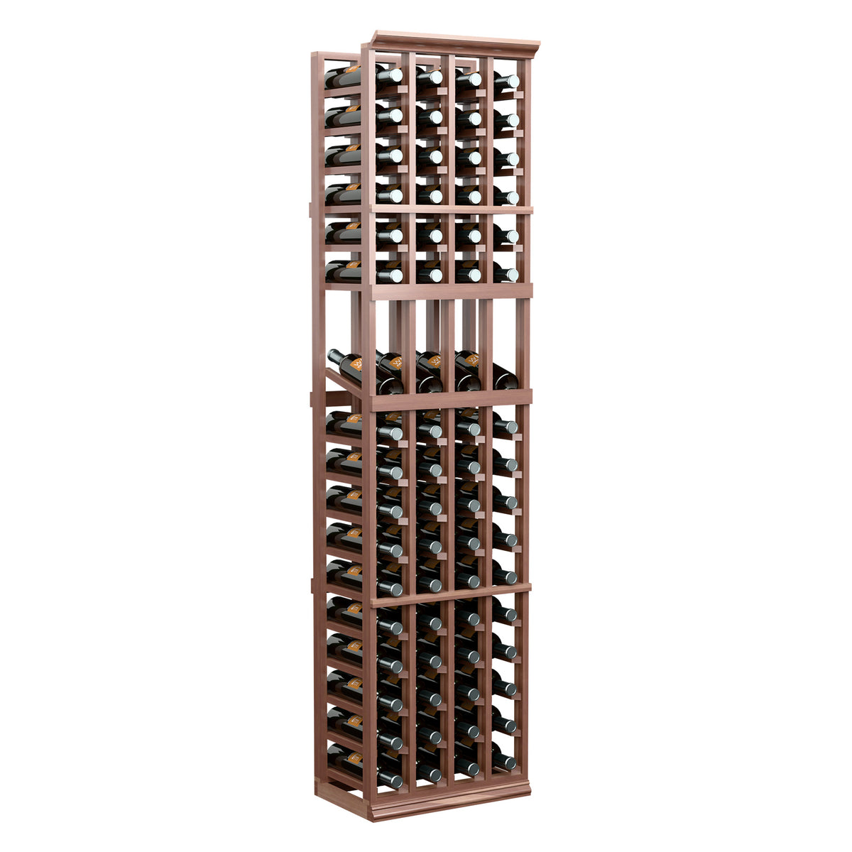 4-column wooden wine bottle display rack with open grid shelves, dark brown finish