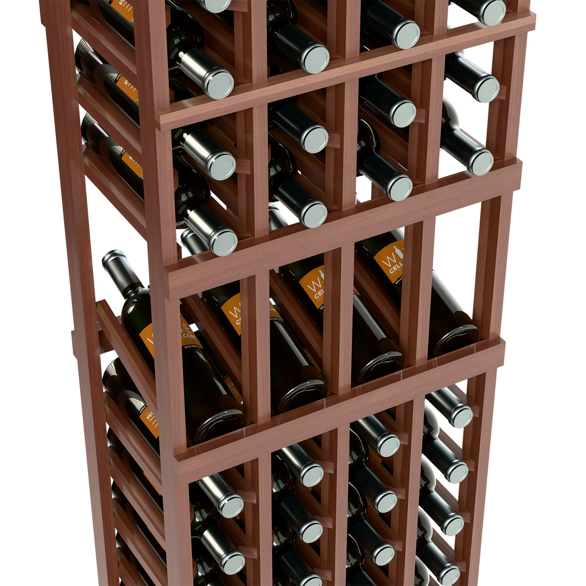 Close-up of 4-column wooden wine bottle display rack, dark brown frame and bottle slots