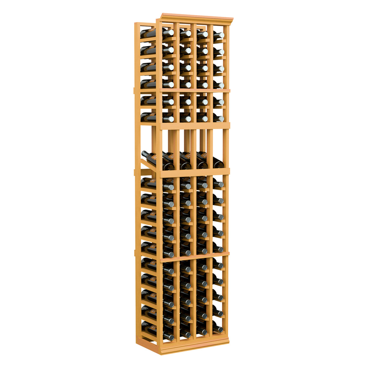 4-column wooden wine bottle display rack with open grid shelves, light wood finish