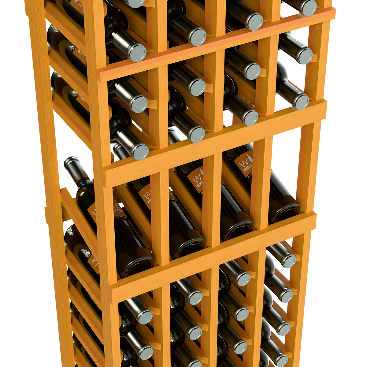Close-up of 4-column wooden wine bottle display rack, light wood frame and bottle slots