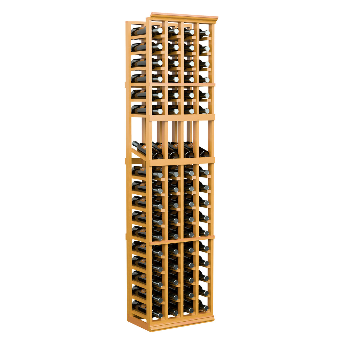 4-column wooden wine bottle display rack with open grid shelves, light wood finish