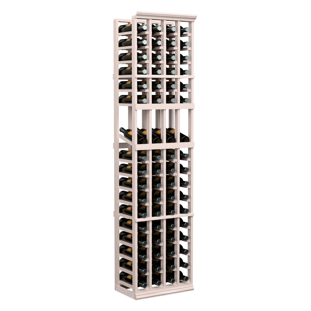 4-column wooden wine bottle display rack with open grid shelves, white finish