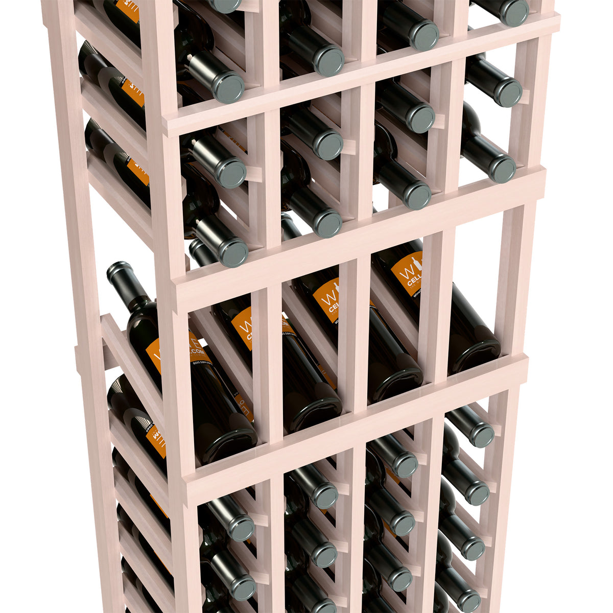 Close-up of 4-column wooden wine bottle display rack, white frame and bottle slots