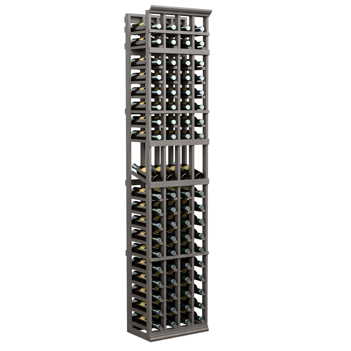 4-column wine bottle display rack with dark gray frame and open bottle slots