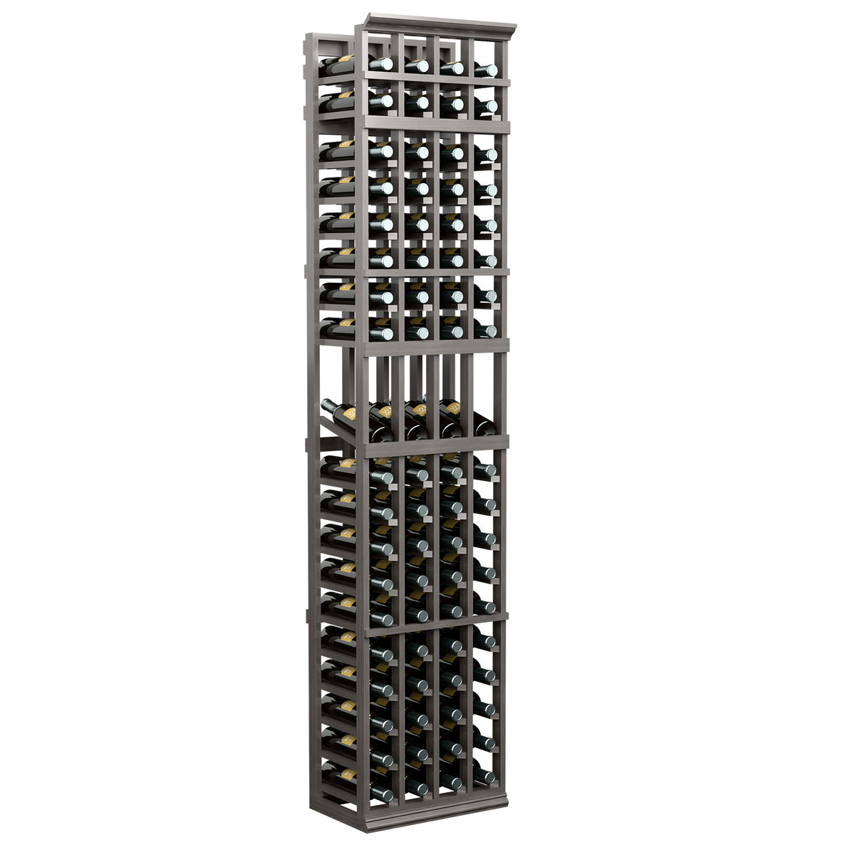 4-column wine bottle display rack with dark gray frame and glass bottle openings
