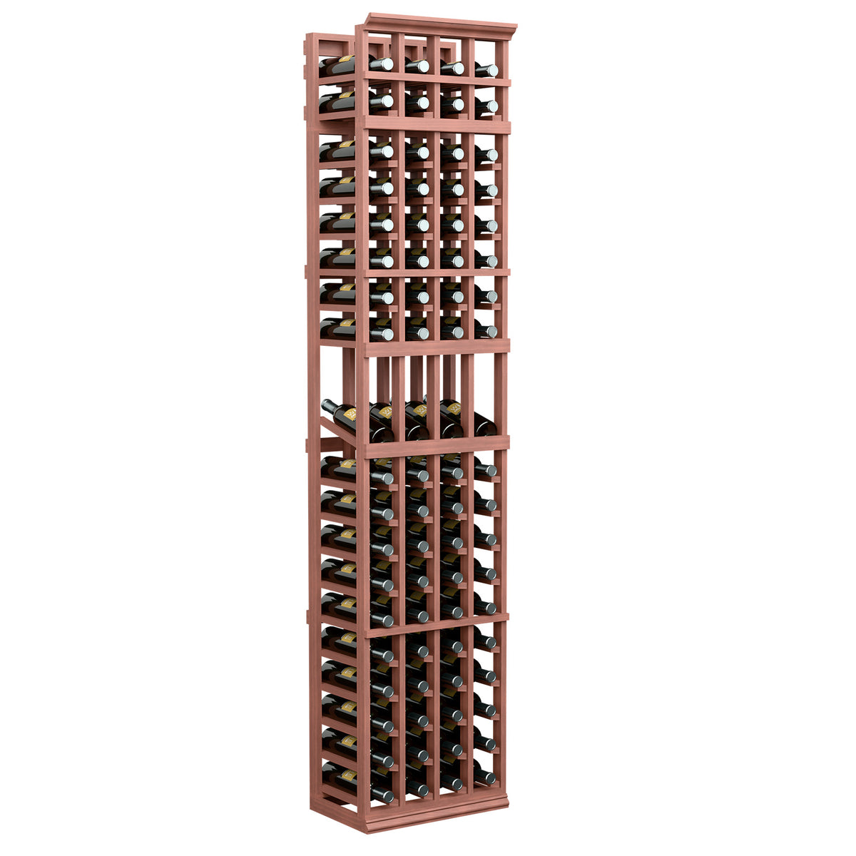 4-column wine bottle display rack with warm brown/red frame and bottle slots