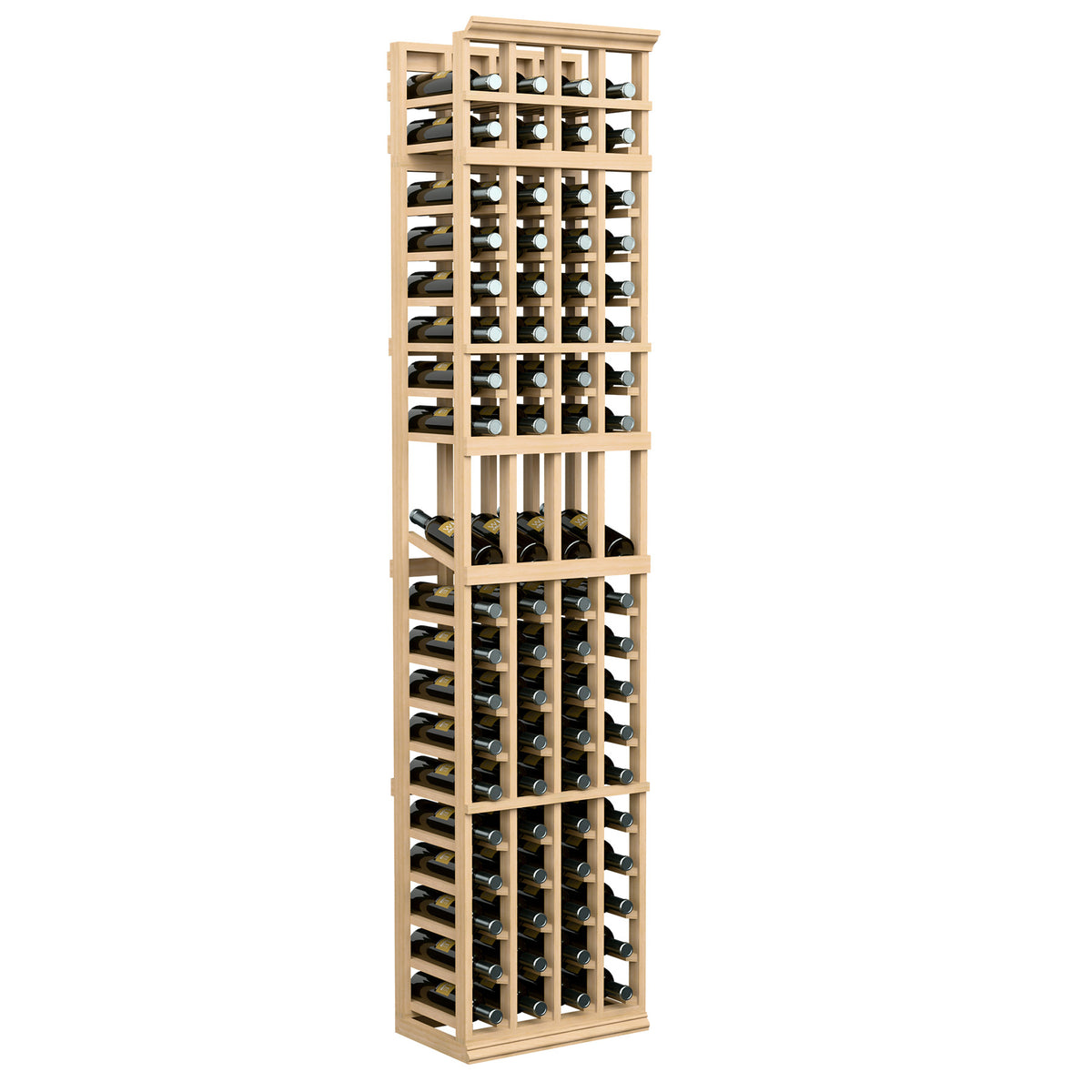 4-column wine bottle display rack with light wood frame and open bottle compartments