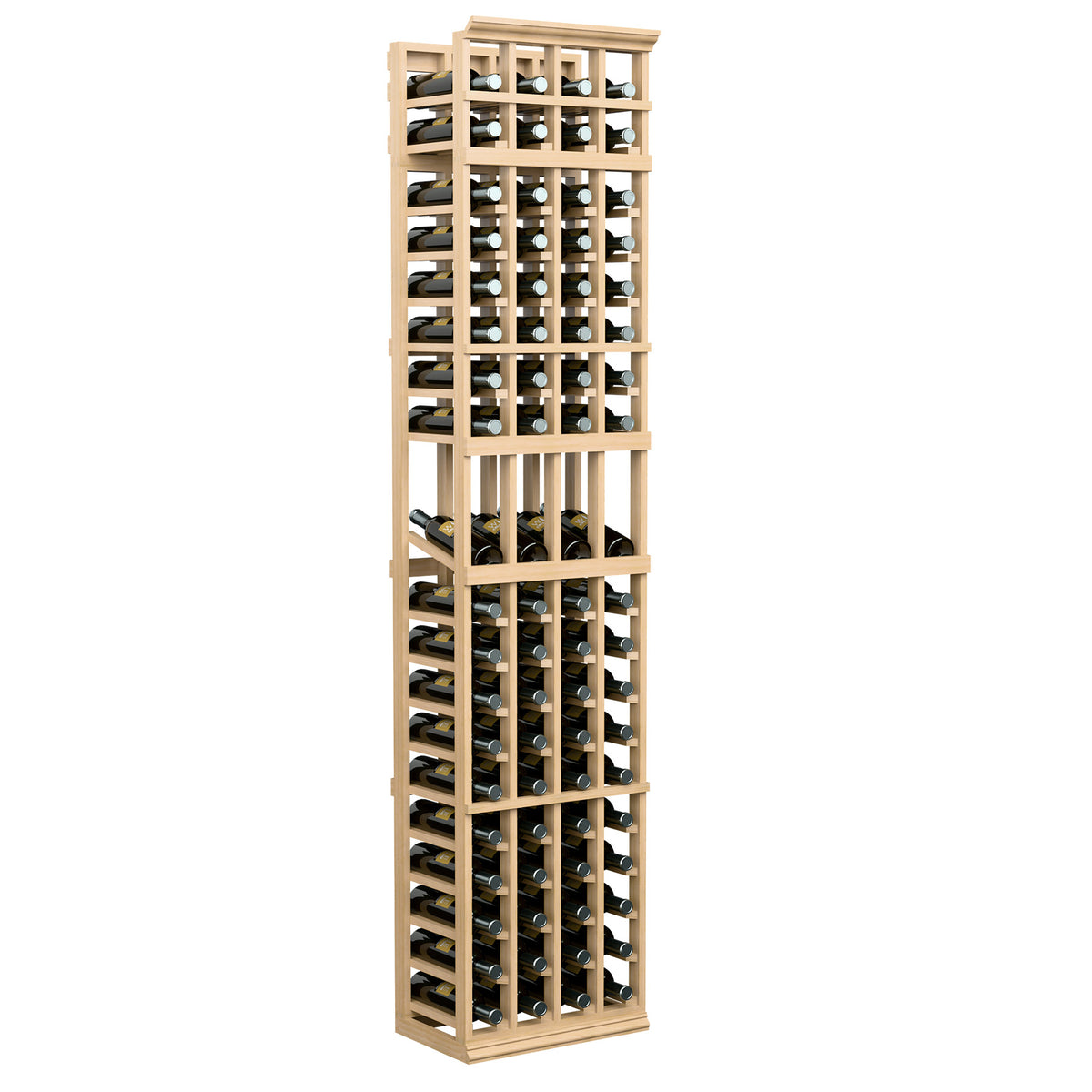 4-column wine bottle display rack with light wood frame and vertical bottle storage