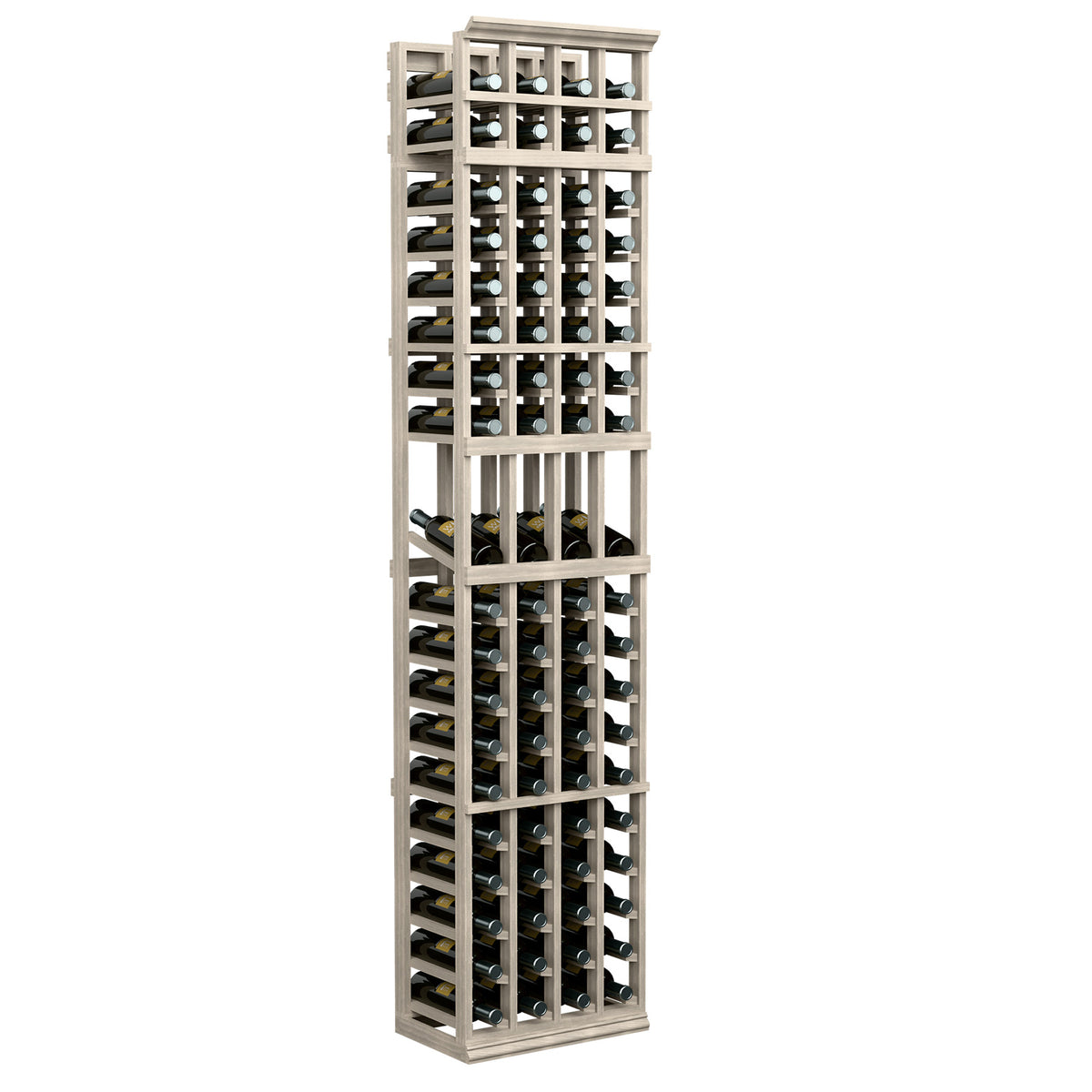 4-column wine bottle display rack with vertical wooden frame and bottle slots