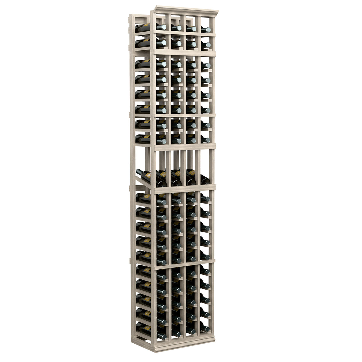 4-column wine bottle display rack with light wood frame and stacked bottle holders