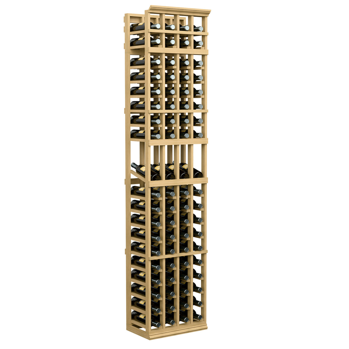 4-column wine bottle display rack with warm light wood frame and bottle cubbies
