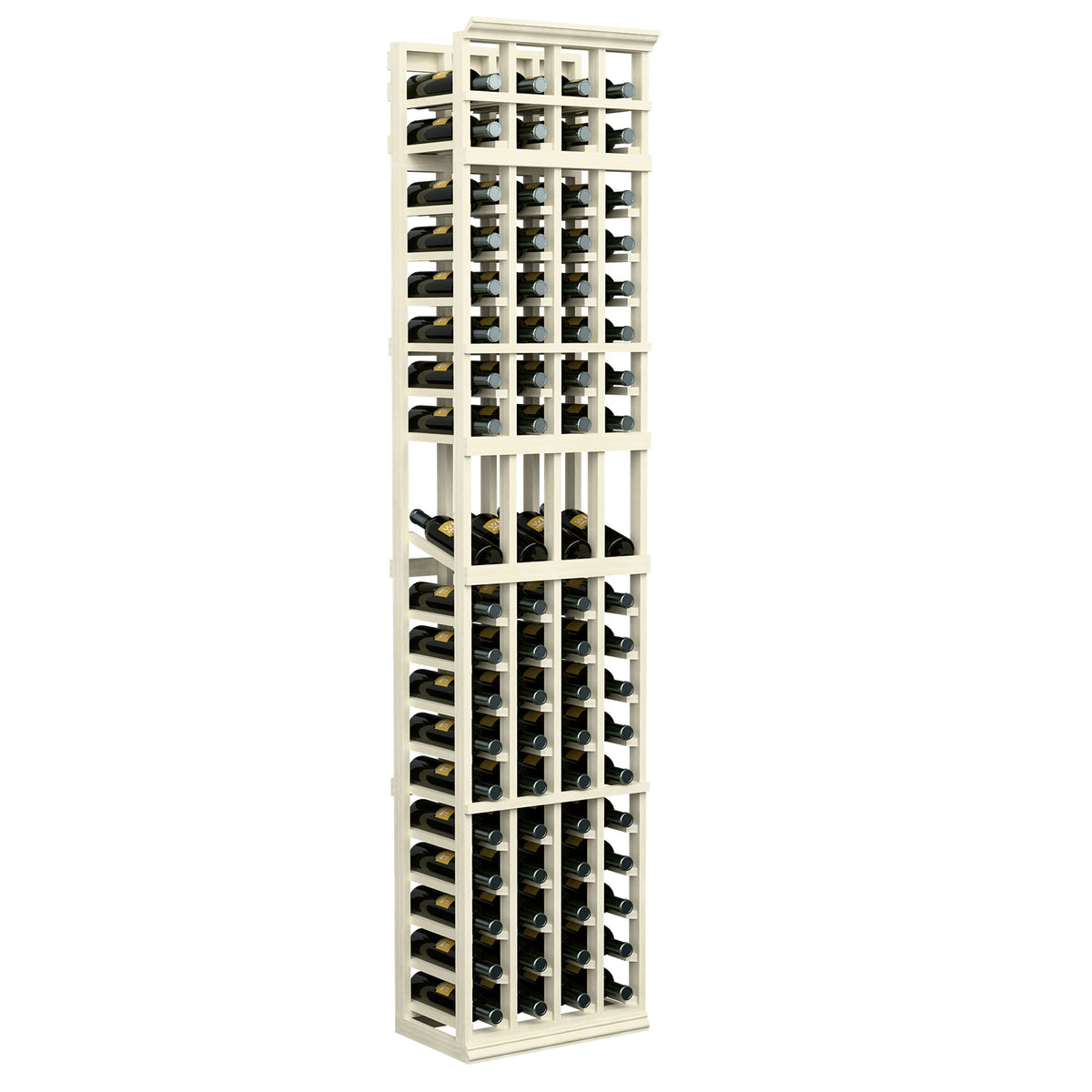 4-column wine bottle display rack with whitewashed light wood frame and bottle slots