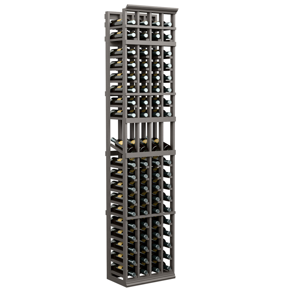4-column wine bottle display rack, 7-ft tall, grey frame with front bottle slots