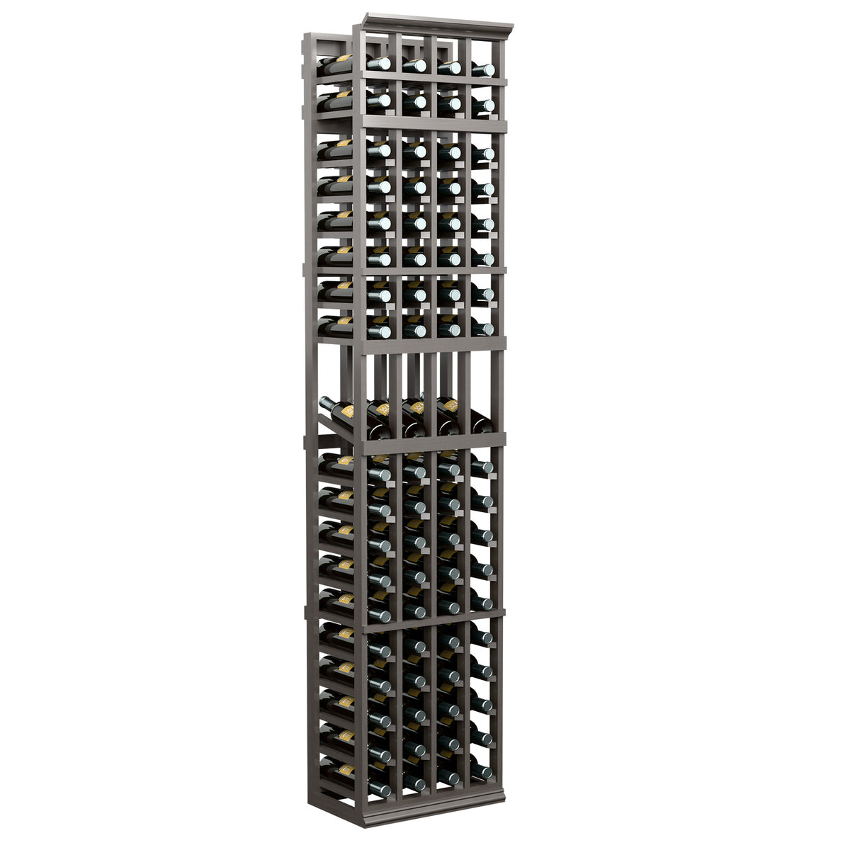 7-ft tall 4-column wine rack with grey frame and multiple bottle holder rows