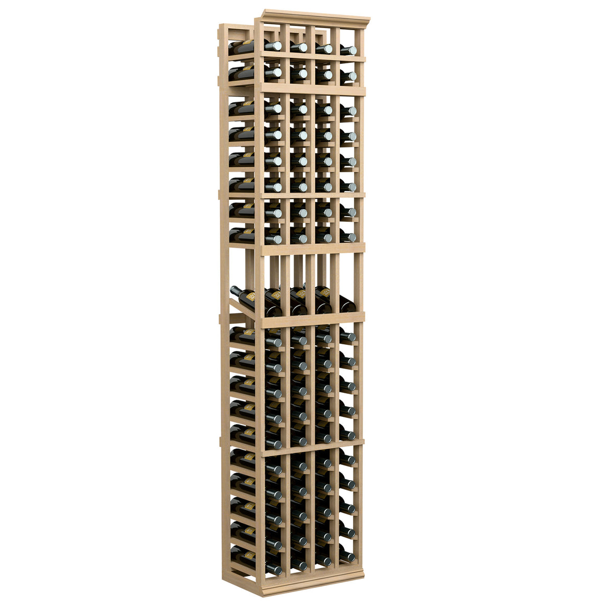 4-column wine bottle display rack, 7-ft tall, light wood frame with front bottle holders