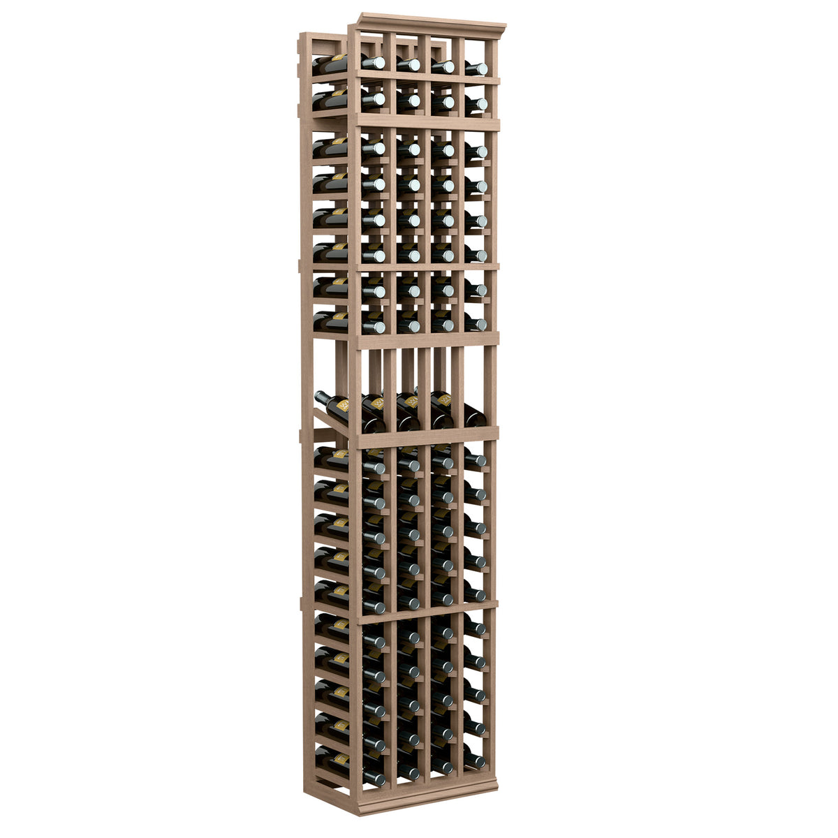 4-column wine bottle display rack, 7-ft tall, light wood frame with rowed bottle storage