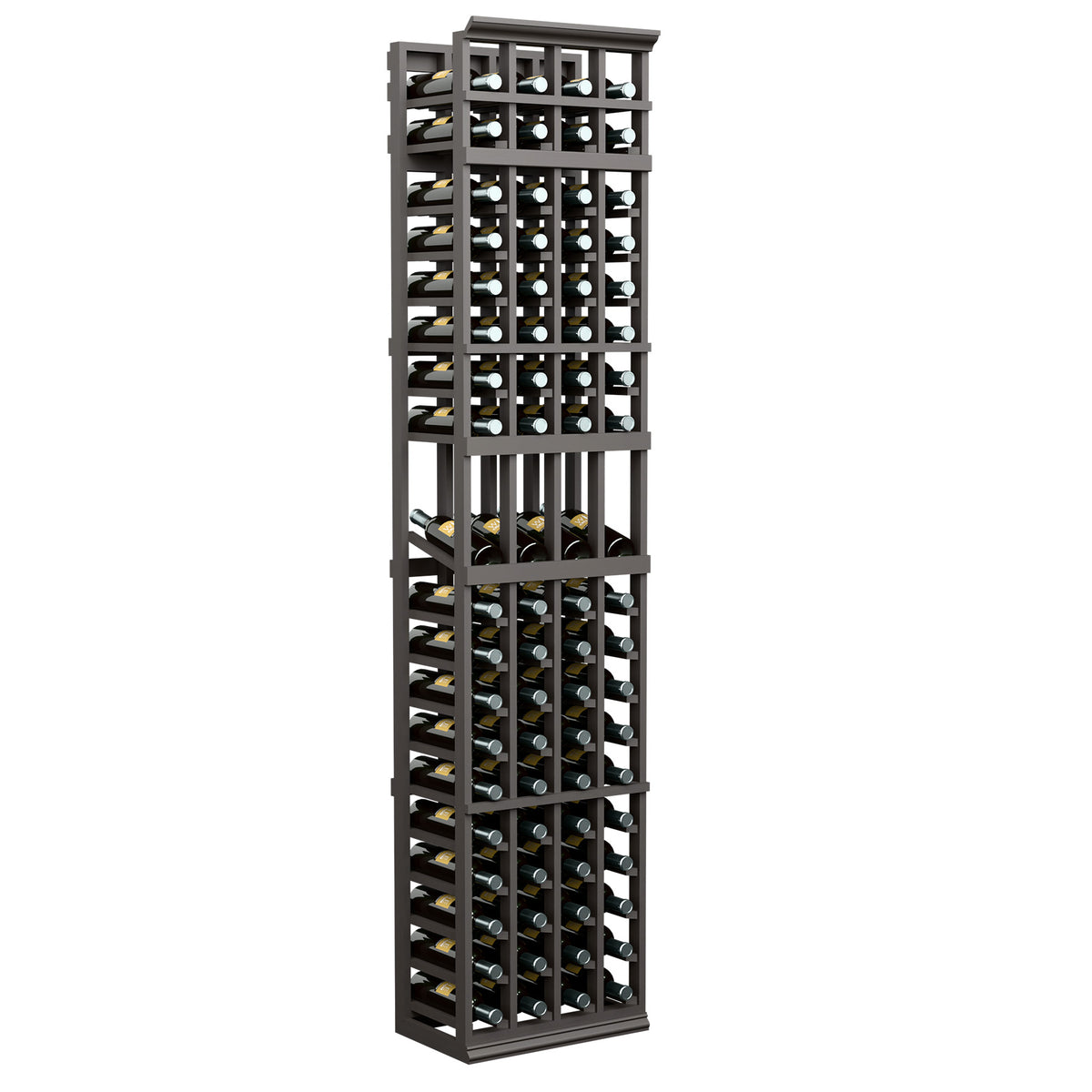 4-column wine bottle display rack, 7-ft tall, dark grey frame with front bottle slots