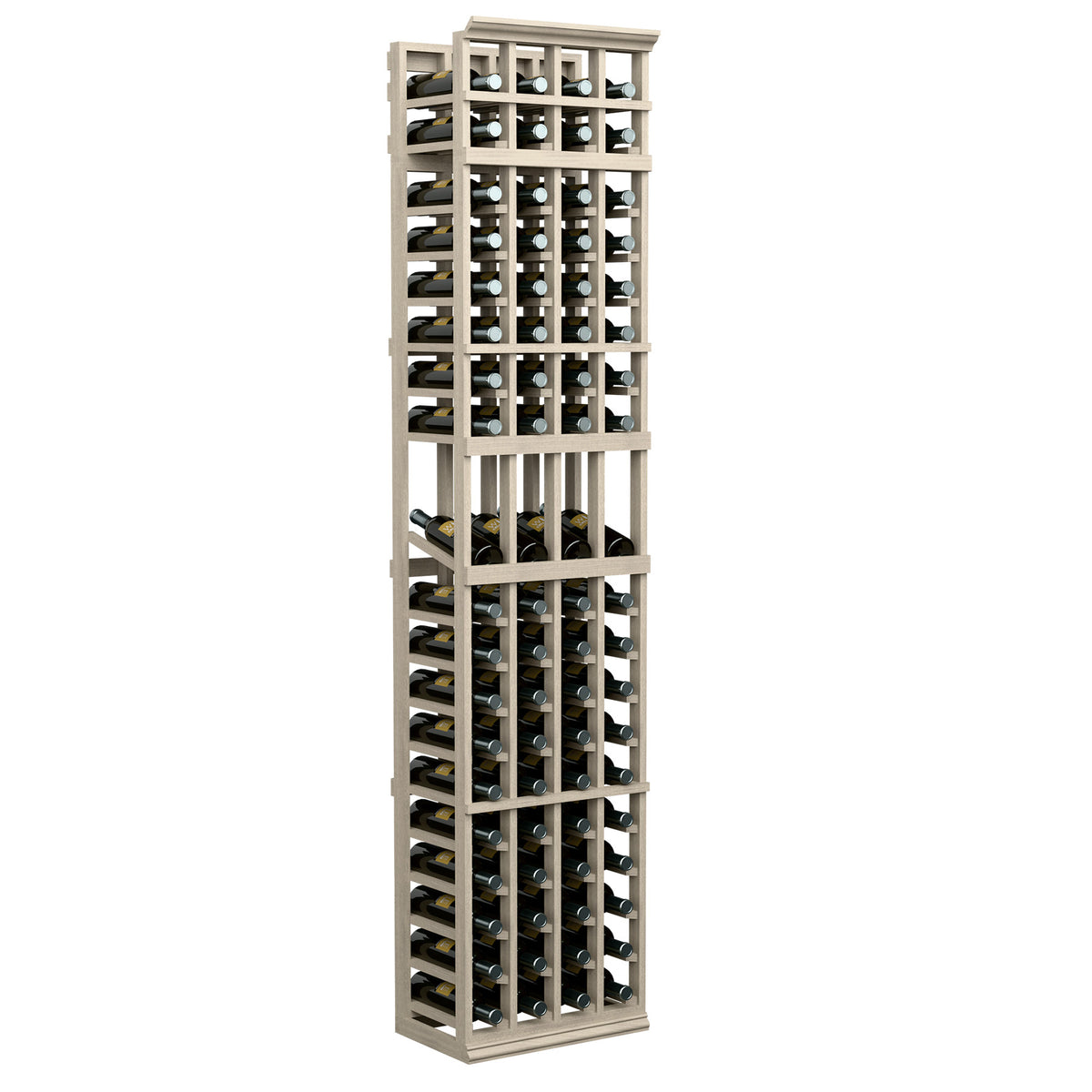 Wine bottle display rack with 4 columns, light wood frame, holds bottles in rows