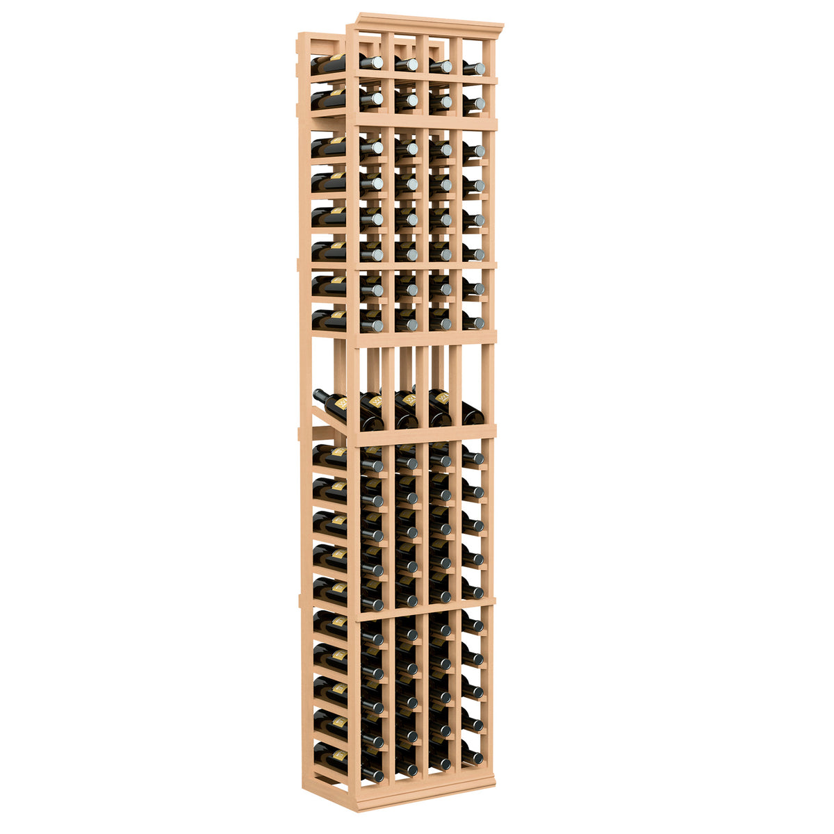 Wine bottle display rack with 4 columns, natural wood frame, shows full bottle slots