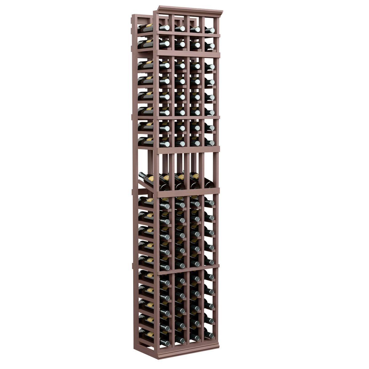 Wine bottle display rack with 4 columns, dark wood frame, organized bottle compartments