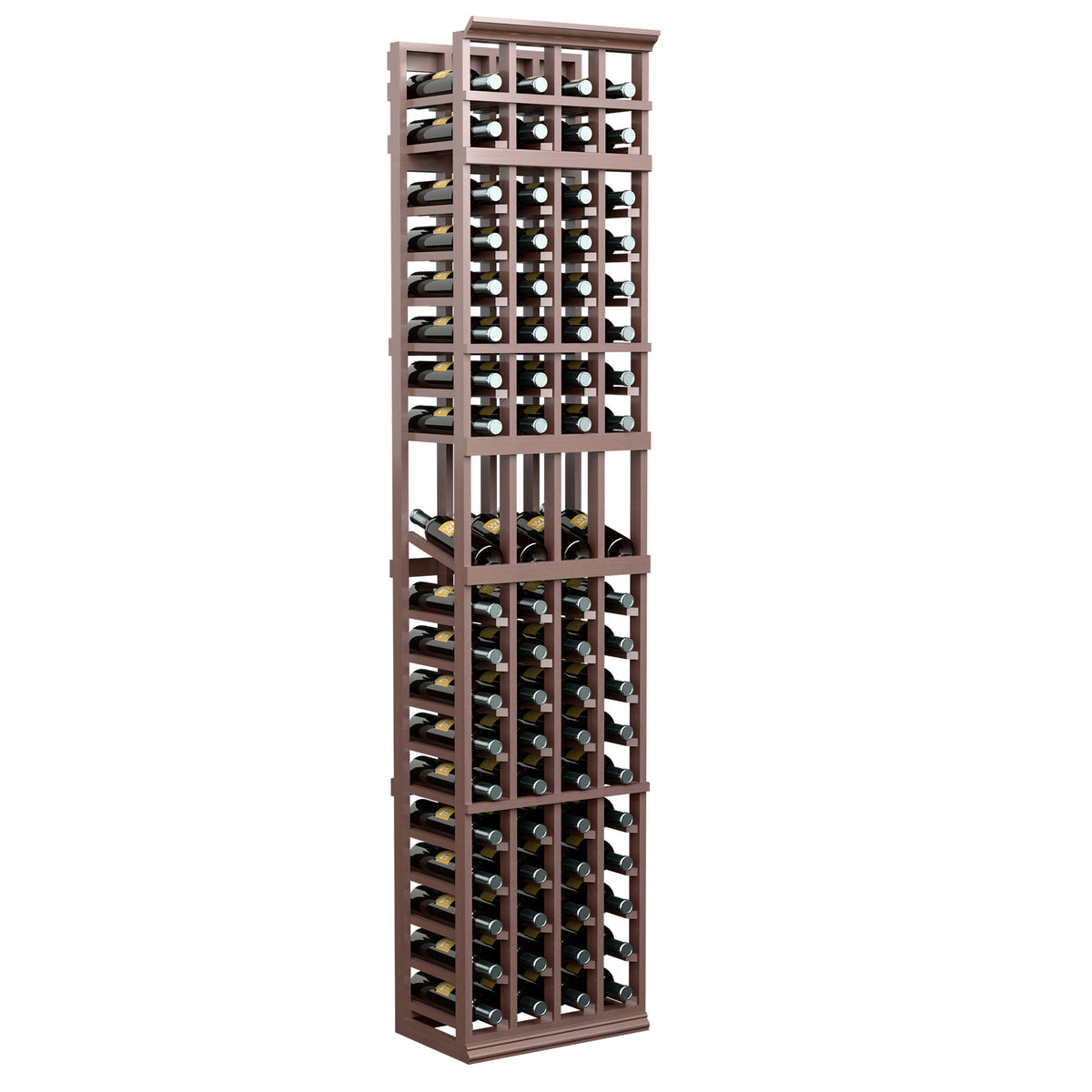 Wine bottle display rack with 4 columns, dark wood frame and stacked bottle spaces