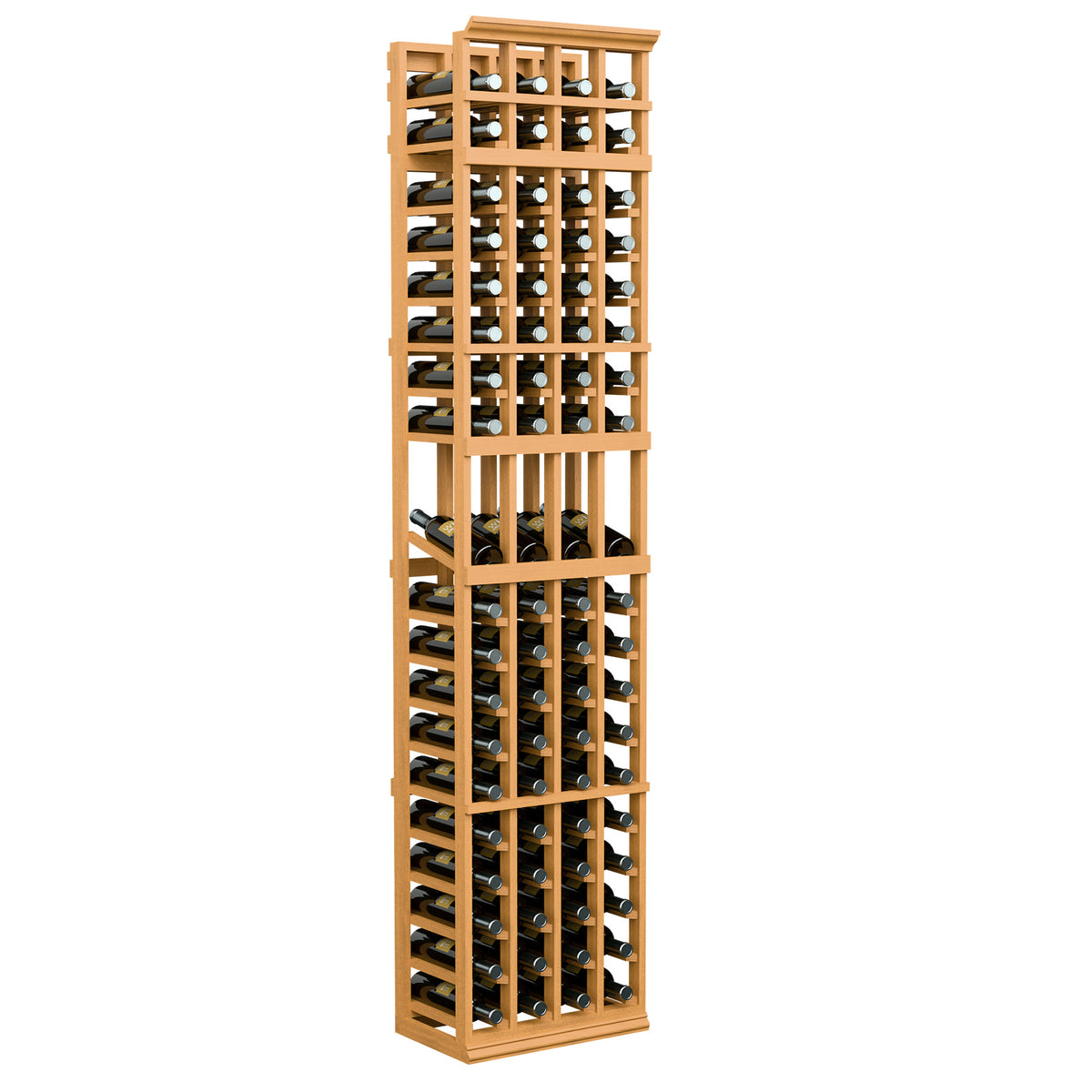 Wine bottle display rack with 4 columns, light wood frame, holds bottles across tiers