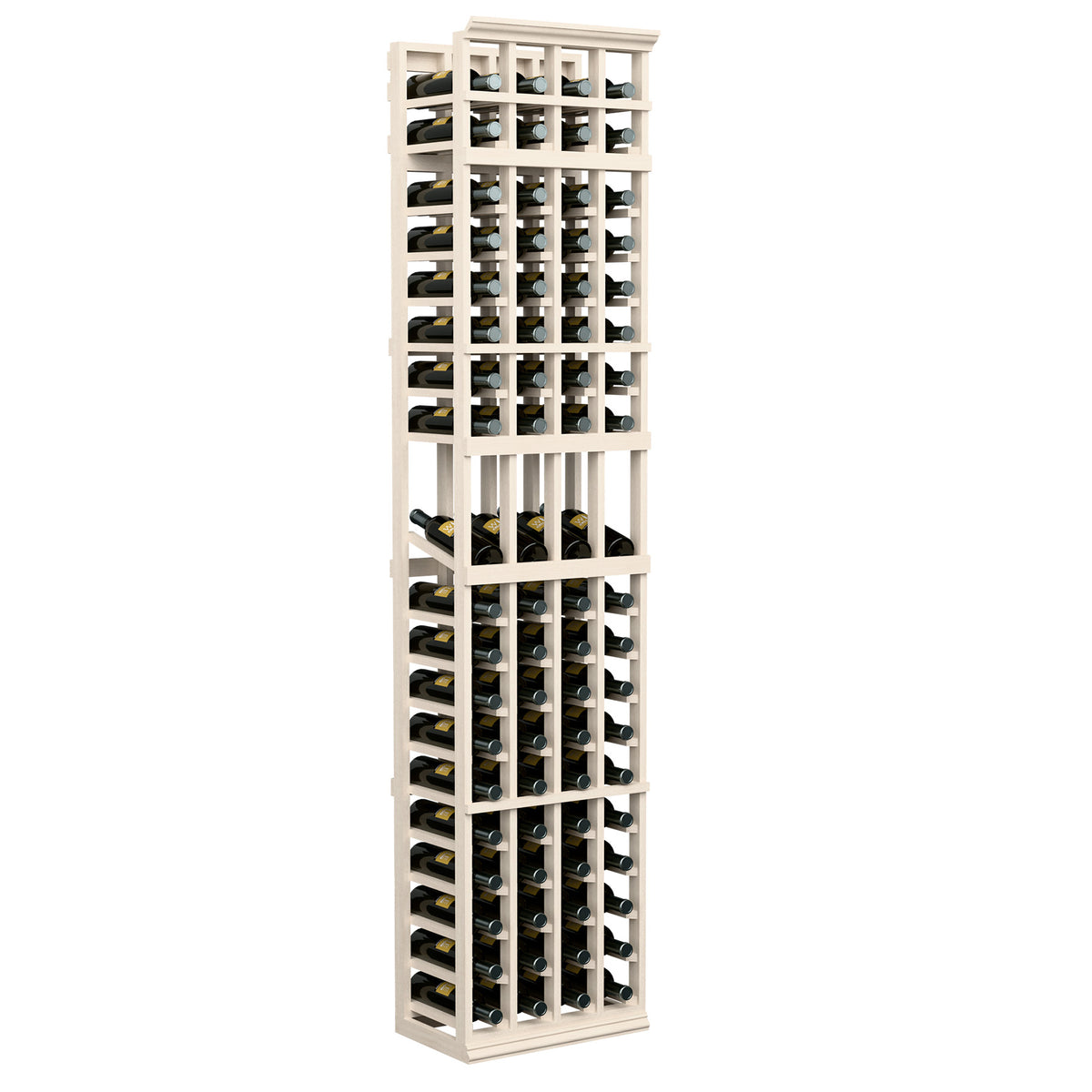 Wine bottle display rack with 4 columns, pale light wood frame and bottle cubbies