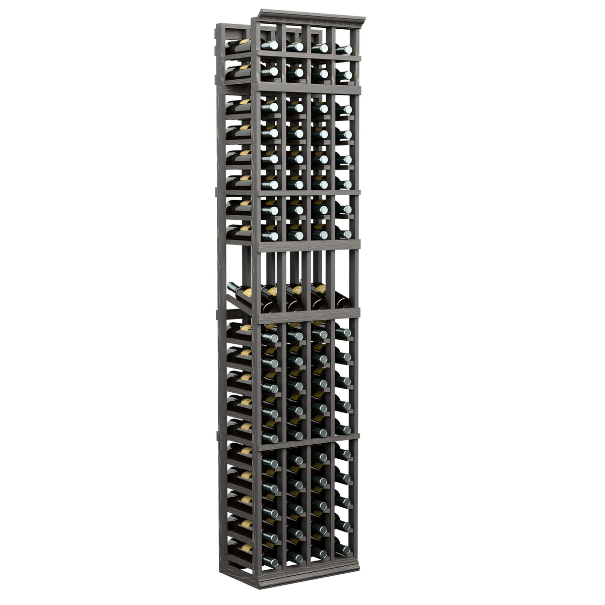 Four-column wine bottle display rack, dark wood frame with front bottle slots