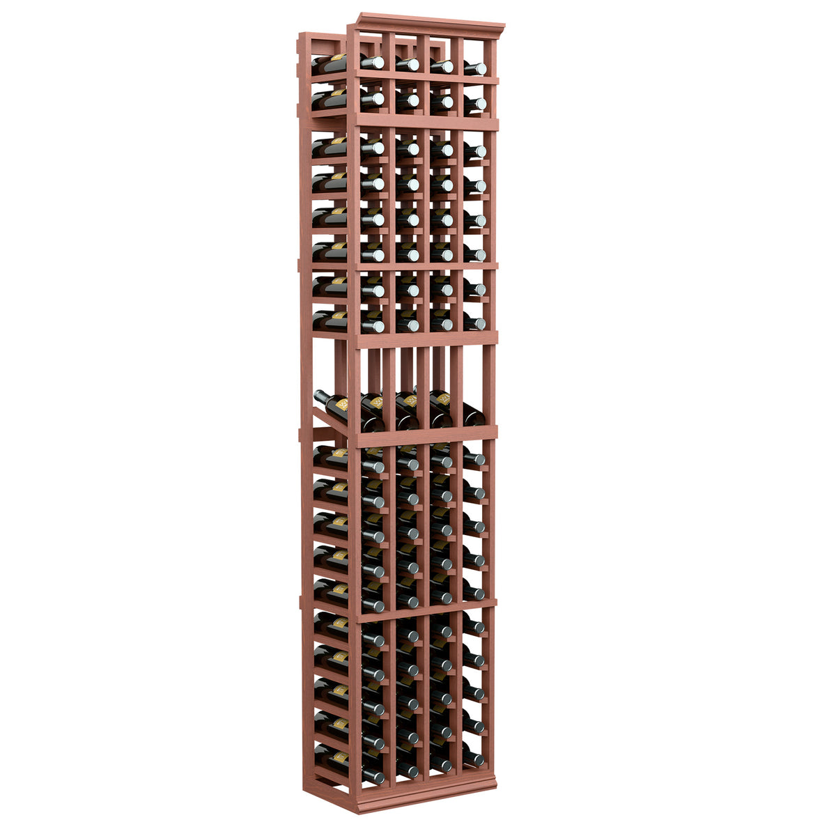 Four-column wine bottle display rack, red-brown wood frame with front bottle openings